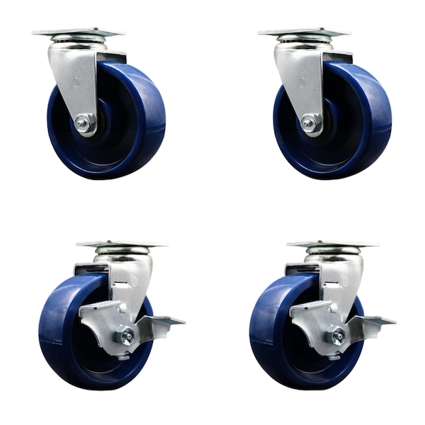 5 Inch Solid Polyurethane Swivel Caster Set with Ball Bearings 2 Brakes